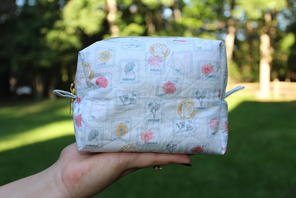 The Postage Stamp Handmade Makeup Bag – Quilted/Sewn Fabric Cosmetic Pouch, Travel Zipper Bag