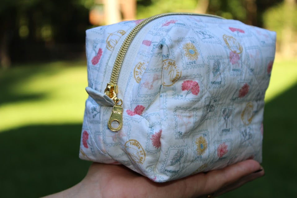 The Postage Stamp Handmade Makeup Bag – Quilted/Sewn Fabric Cosmetic Pouch, Travel Zipper Bag